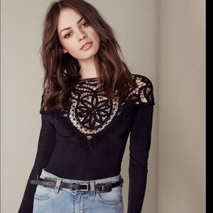 For Love And Lemons Black Long Sleeve Cropped Bodysuit with Lace Detail